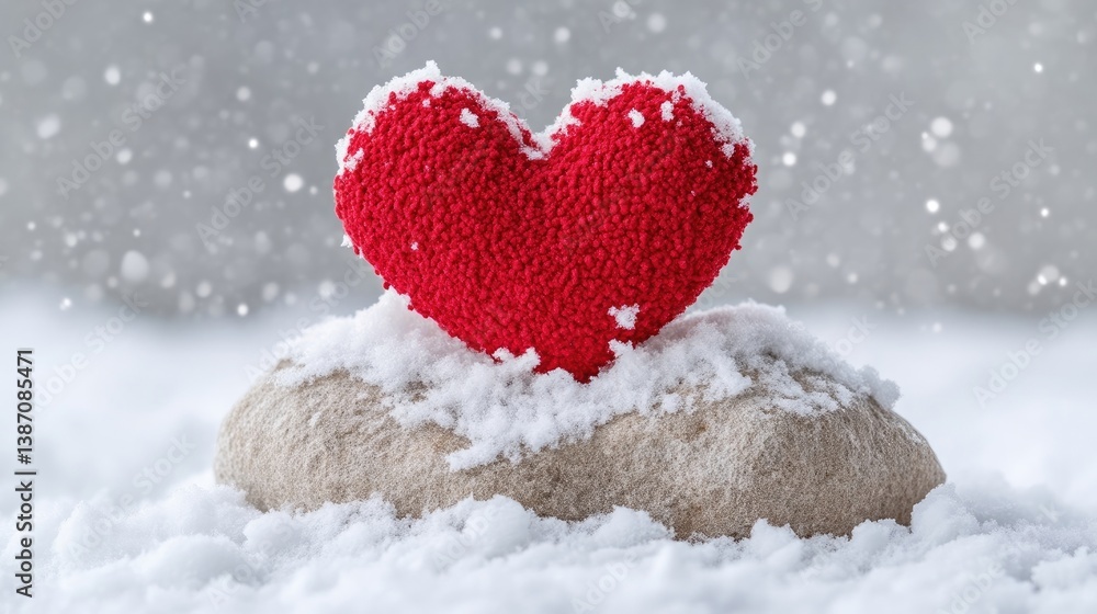 Fototapeta premium Red knitted heart resting on a snow-covered stone during a winter snowfall.