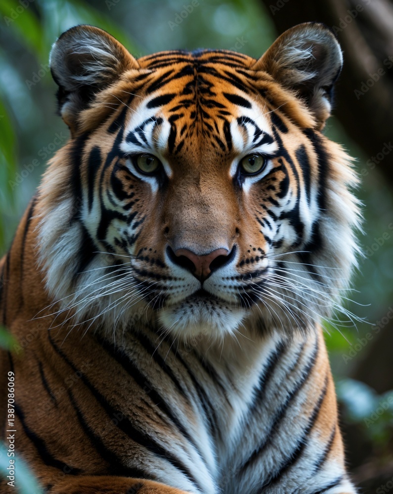 Fototapeta premium AI-generated majestic tiger in a lush forest setting, showcasing its striking stripes