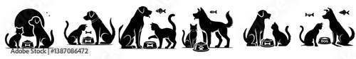 vector set of silhouettes of dogs and cats eating