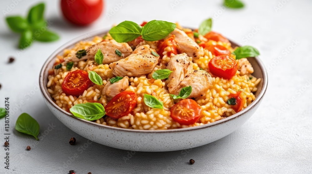 A bowl of creamy risotto features tender chicken pieces and vibrant cherry tomatoes. Fresh basil leaves garnish the dish. The image is well-lit, showcasing high-quality detail. The style is clean an A bowl of creamy risotto features tender chicken pieces and vibrant cherry tomatoes. Fresh basil leaves garnish the dish. The image is well-lit, showcasing high-quality detail. The style is clean an