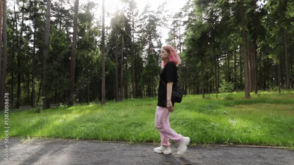Young Woman with Pink Hair Exploring Nature on a Peaceful Forest Path Young Woman with Pink Hair Exploring Nature on a Peaceful Forest Path