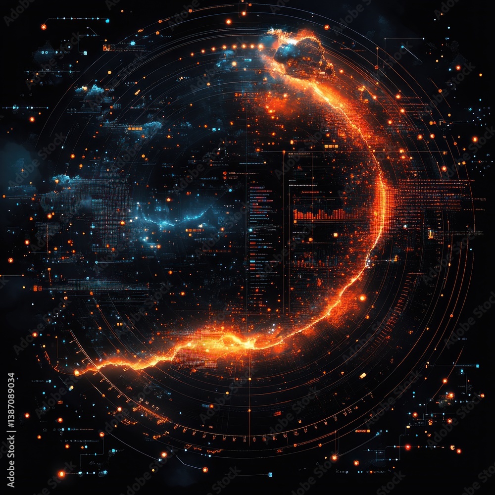 Fototapeta premium Digital Planet: A fiery digital landscape visualized through data streams and glowing planetary contours