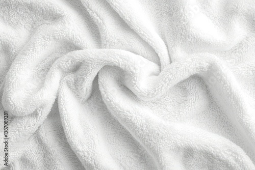 Soft, white terrycloth fabric texture; luxurious, fluffy, and absorbent.