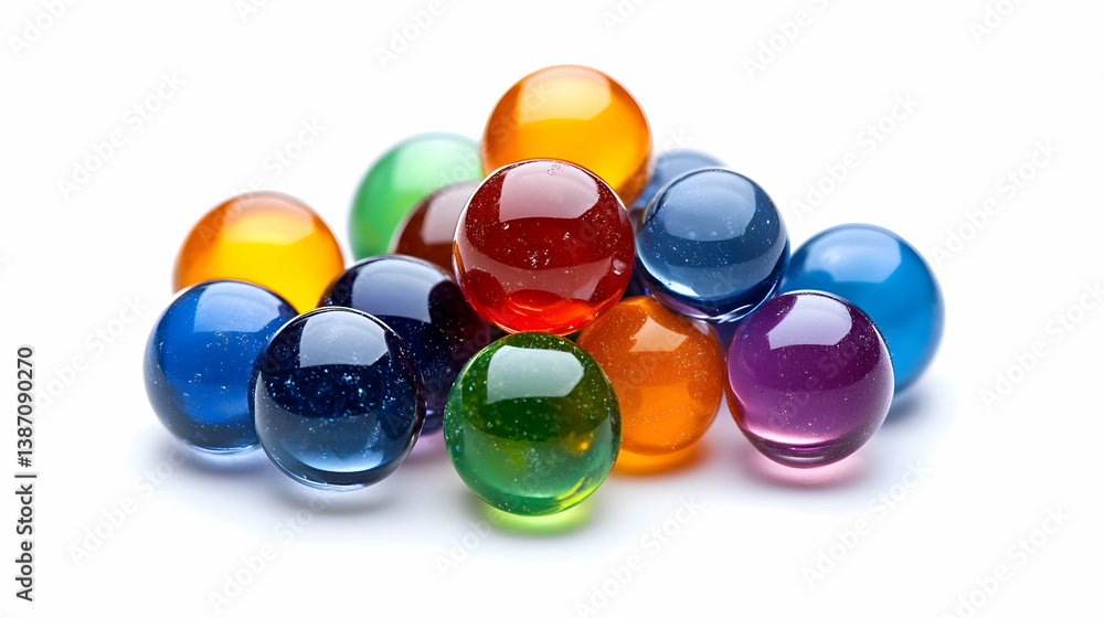 Bright Glass Marbles Clustered on a White Background with Shadows Reflecting Color and Light Bright Glass Marbles Clustered on a White Background with Shadows Reflecting Color and Light