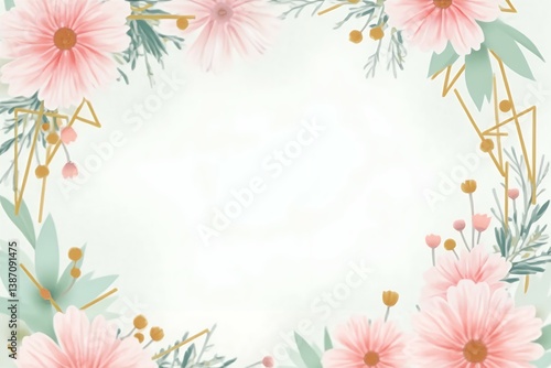 A delicate pastel pink and mint green floral frame with golden geometric accents. 