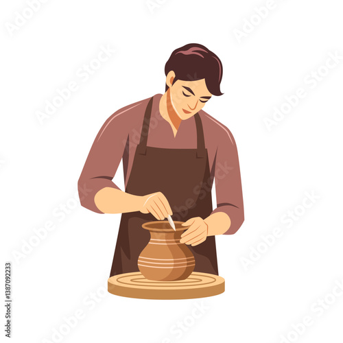 A young man making pottery vase