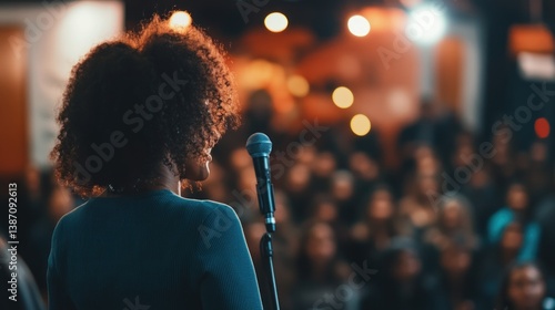Woman speaker at a conference in a large hall