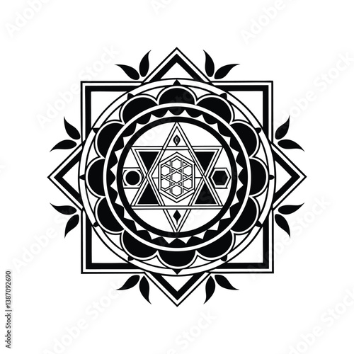 mandala with a central Sri Yantra motif, 12-fold symmetry, layered with sacred geometry patterns (hexagrams, tetrahedrons), metallic linework on a deep navy cosmic background, hyper-detailed."