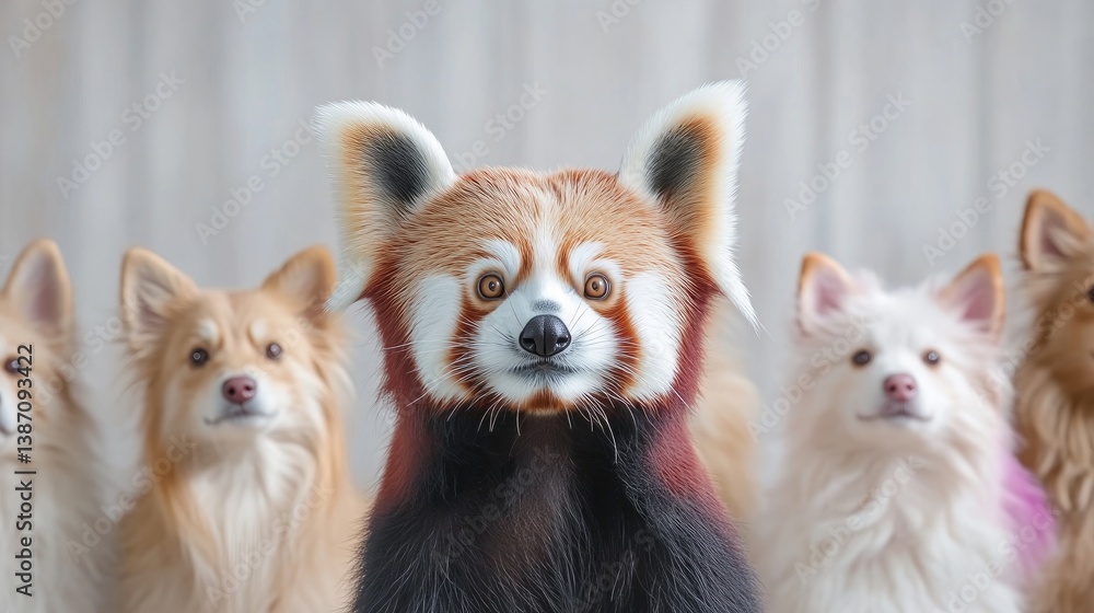 Obraz premium Red panda with dogs. A red panda in the center of a group of small dogs. The red panda is in sharp focus while the dogs are softly focused. Cute and adorable