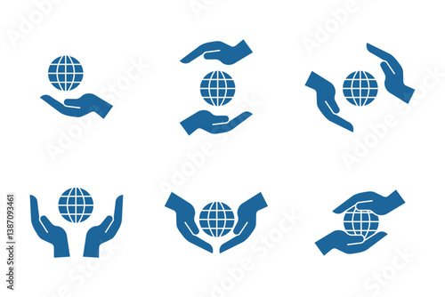 Black and white hands holding globe icon set , environmental protection symbol 