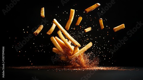 Delicious golden french fries with falling particles in the darkness