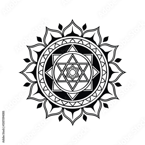  mandala with a central Sri Yantra motif, 12-fold symmetry, layered with sacred geometry patterns (hexagrams, tetrahedrons), metallic linework on a deep navy cosmic background, hyper-detailed."