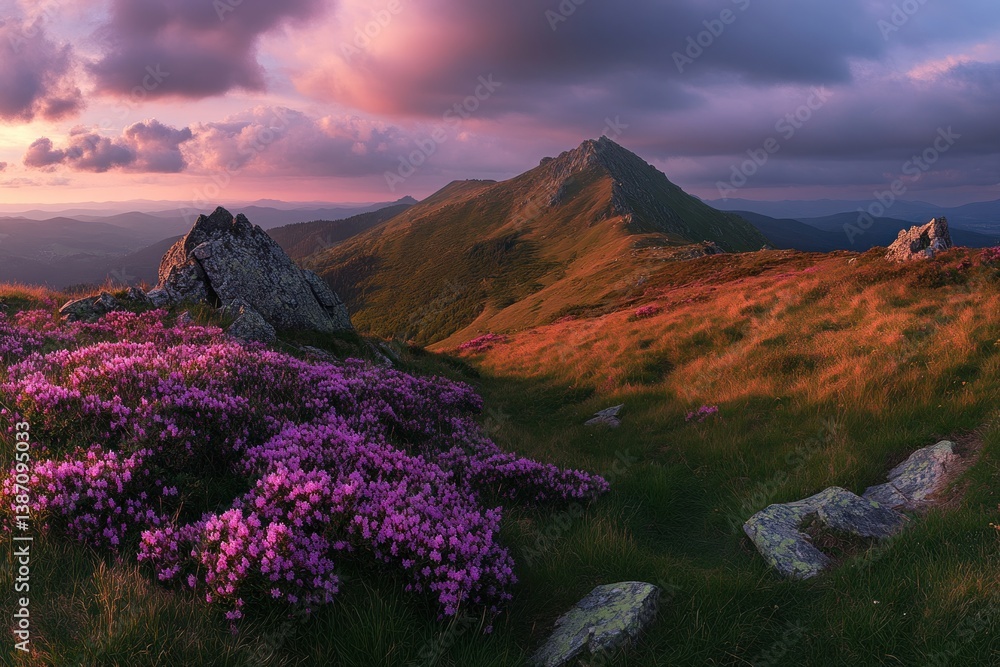 Fototapeta premium Beautiful mountain landscape with flowers under a colorful evening sky