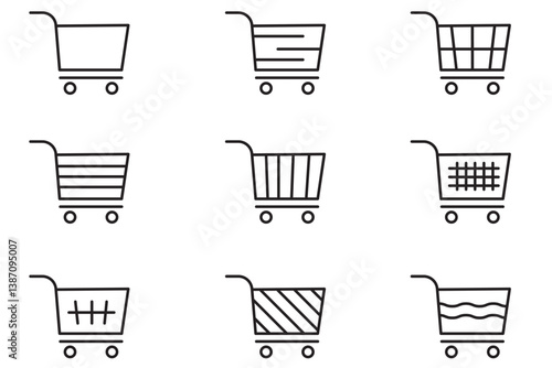 Set of four black outline shopping carts, symbolizing retail, purchasing, and consumer goods in commerce. 