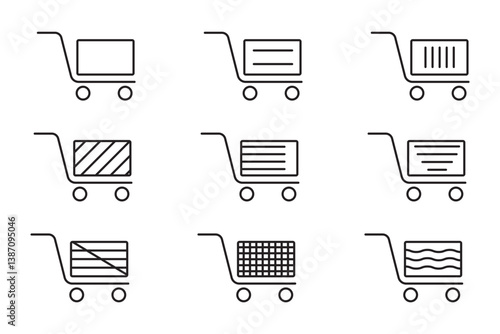 Set of four black outline shopping carts, symbolizing retail, purchasing, and consumer goods in commerce. 