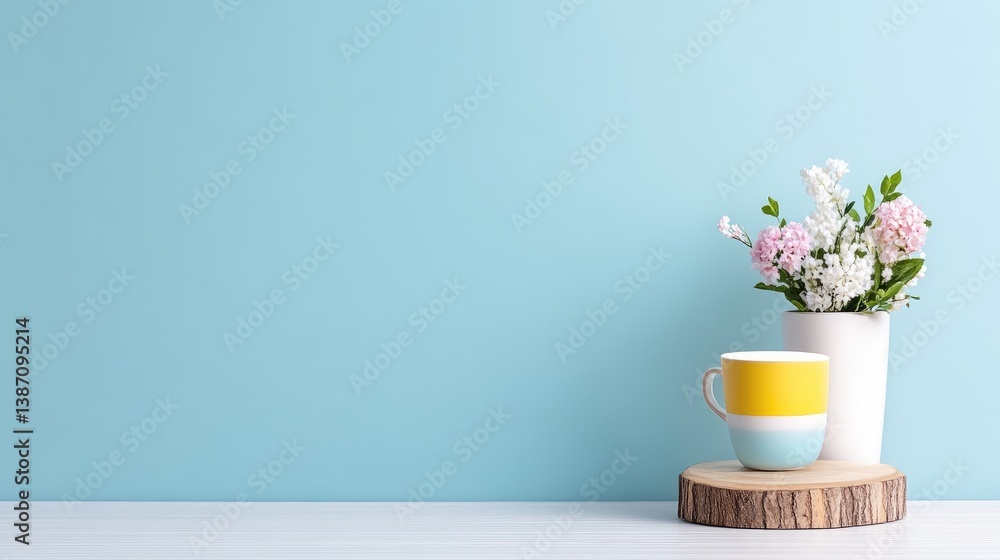 Simple, calming home d?cor scene with flowers and a mug Simple, calming home d?cor scene with flowers and a mug