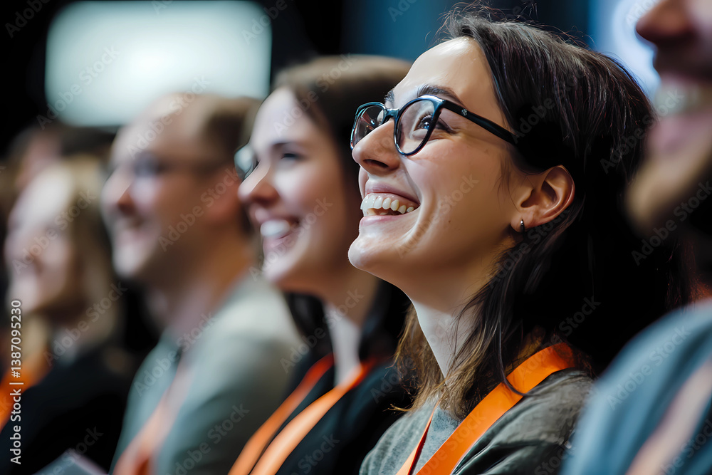 Close up picture of a happy and laughing staff or participant people group listening to a startup business owner at a trade show exhibition event. Close up picture of a happy and laughing staff or participant people group listening to a startup business owner at a trade show exhibition event.