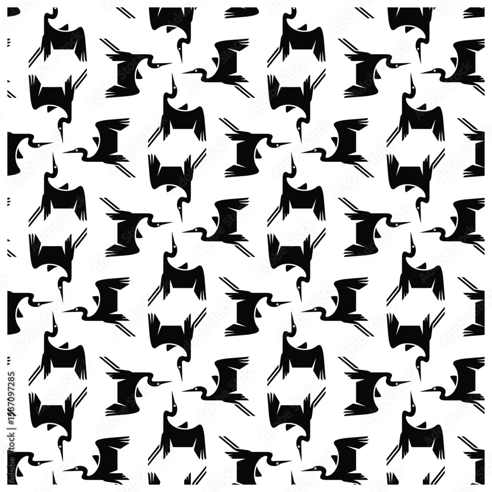 A repeating pattern of black abstract cranes in various poses on a white background, creating a dynamic and artistic design. A repeating pattern of black abstract cranes in various poses on a white background, creating a dynamic and artistic design.