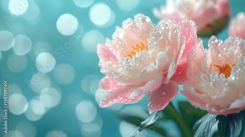 Beauty of pink and white peonies adorned with dew drops against a dreamy blue-green backdrop