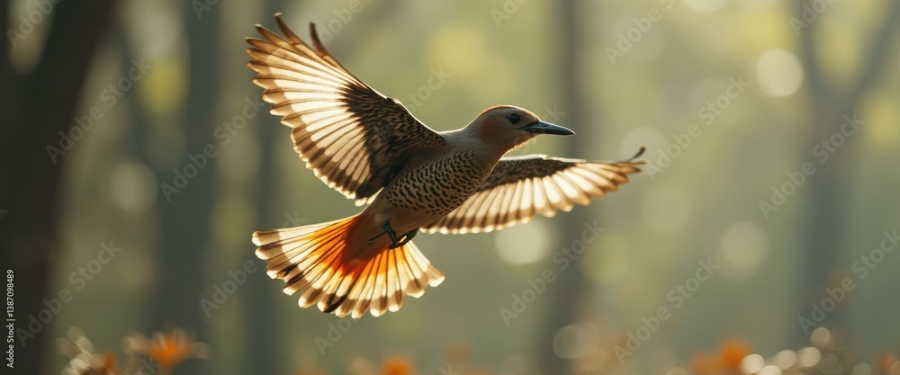 Obraz premium Northern Flicker soars in forest with sunlight shining through feathers
