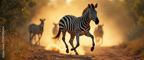Zebra galloping energetically in golden light with herd through African savanna dust
