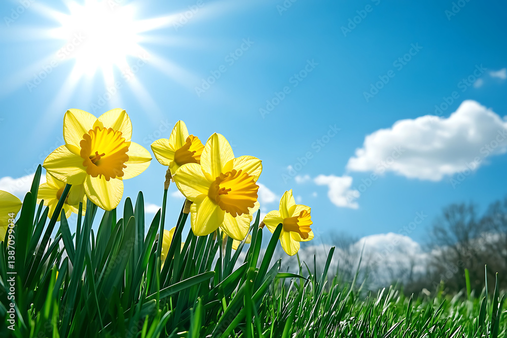 Fototapeta premium yellow daffodils in the grass, blue sky with sun rays, background