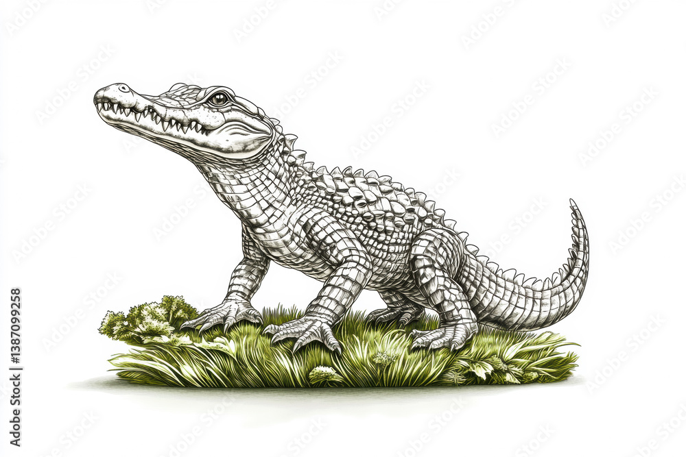 Obraz premium Detailed illustration of a prehistoric crocodile-like creature standing on grass with intricate scales and spine, showcasing its robust features and fierce expression Generative AI