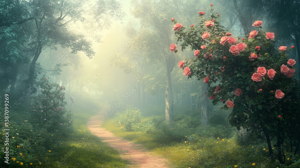 Beautiful roses and trees with a path in the foggy forest, a bright background. Spring landscape moods