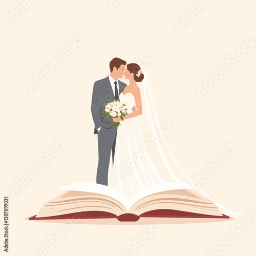 Bride and Groom Embracing on an Open Book Background  