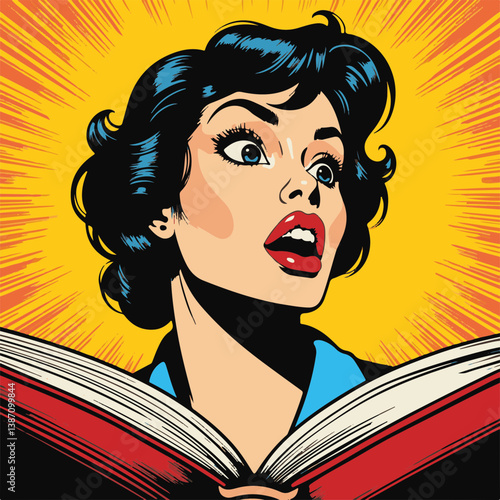 Surprised woman reading a book with vibrant background  