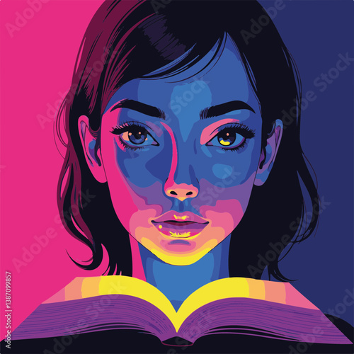 Young woman illuminated by a book with vibrant colors  