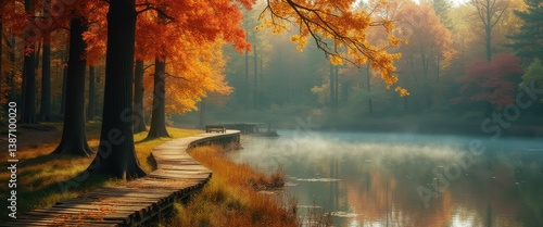 Fototapeta Naklejka Na Ścianę i Meble -  Autumn serenity: Tranquil lake with a wooden pathway in an enchanting autumnal forest landscape