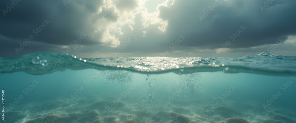 Half underwater shot of the sea with cloudy sky, turquoise water, sun glare and bubbles forming a calming ocean landscape