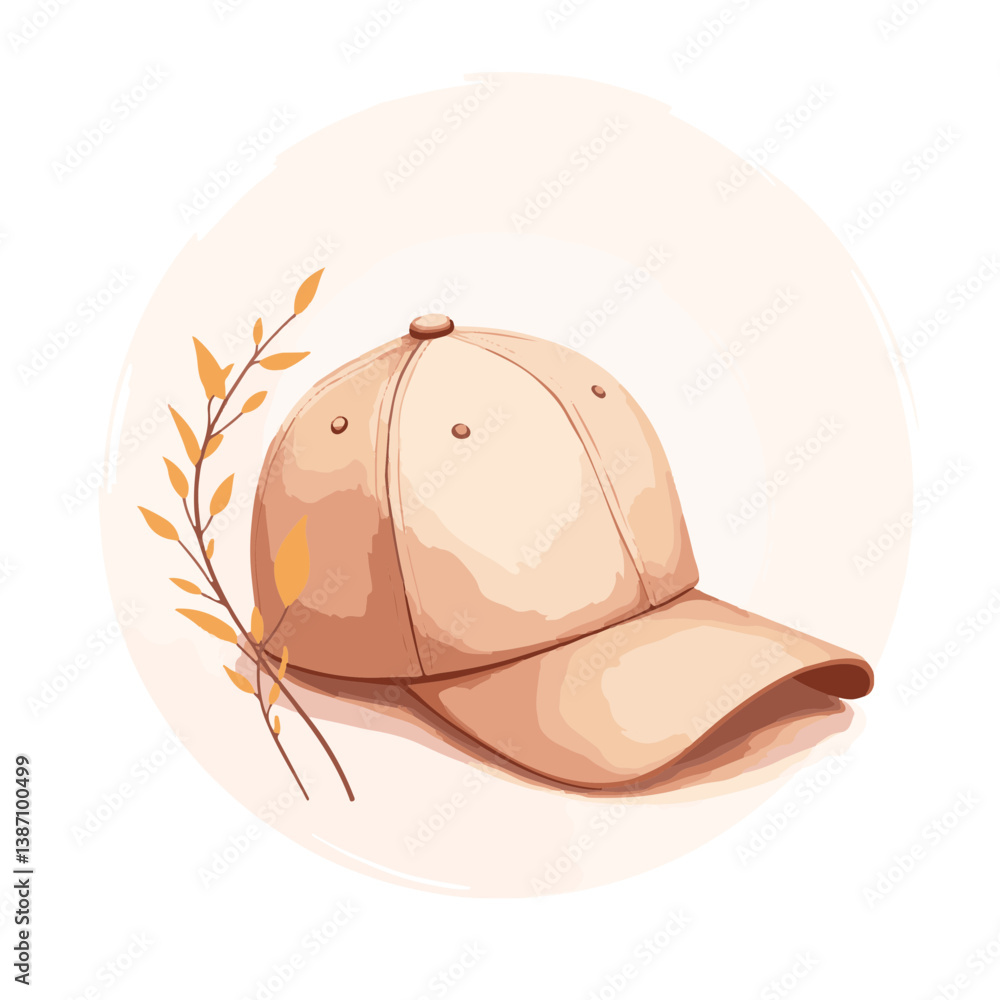 Fototapeta premium Beige baseball cap with decorative leaves on a soft background 
