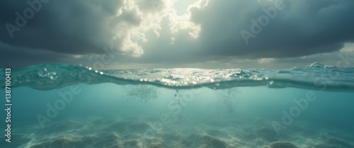Obraz na płótnie Half underwater shot of the sea with cloudy sky, turquoise water, sun glare and bubbles forming a calming ocean landscape w salonie