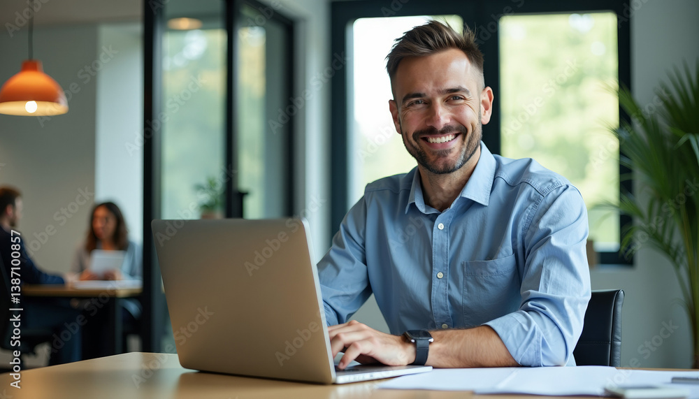 Happy Businessman Working on Laptop in Office Happy Businessman Working on Laptop in Office