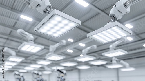 Automated lighting system in a modern factory.  Multiple robotic arms support and position bright LED lights in a spacious  clean industrial environment