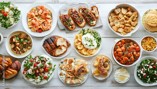 Wallpaper Mural Various delicious food served for brunch on white wooden table, flat lay. Space for text Torontodigital.ca