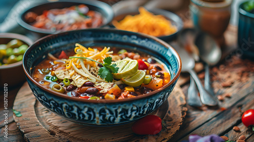 Bowl of soup with sandwich on a plate on red wooden background A traditional Mexican soup called 