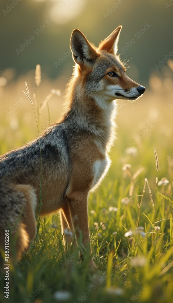 Naklejka premium Alert Coyote Standing in a Meadow at Sunset, Observing its Surroundings with an Intense Gaze