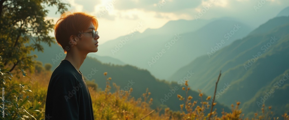 Contemplative young adult soaks in the mountain vista, wearing glasses, with a serene nature backdrop.