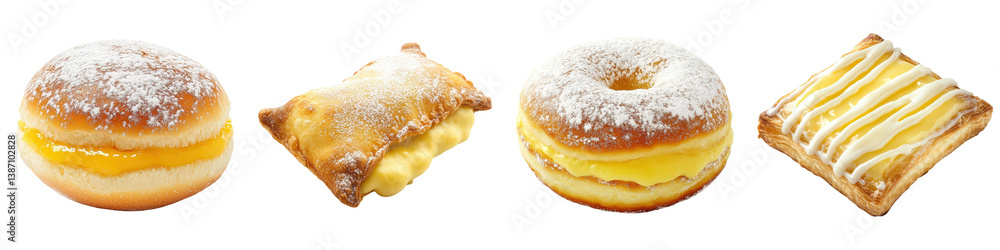 Four pastries a custardfilled donut, Berliner, turnover and a pastry square. Four pastries a custardfilled donut, Berliner, turnover and a pastry square.
