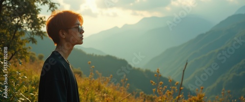 Obraz na płótnie Contemplative young adult soaks in the mountain vista, wearing glasses, with a serene nature backdrop. w salonie