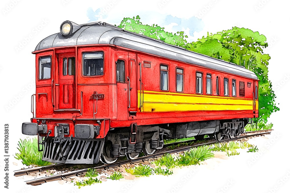 Fototapeta premium Vintage Red and Yellow Passenger Train with Green Background