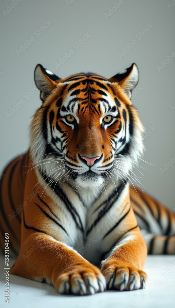 Obraz premium Captivating Portrait of a Bengal Tiger Relaxing with Intense Gaze, Showing Majestic Fur and Striking Features on Plain Background
