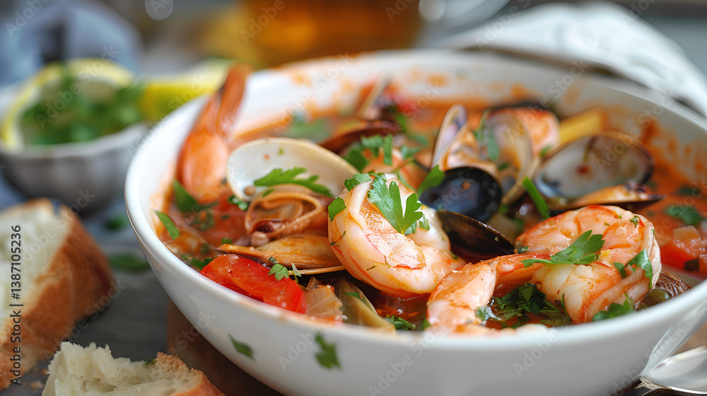 A steaming bowl of bouillabaisse with a variety of seafood, crusty bread, and a glass of white wine Bowl of Bouillabaisse, Generative AI A steaming bowl of bouillabaisse with a variety of seafood, crusty bread, and a glass of white wine Bowl of Bouillabaisse, Generative AI