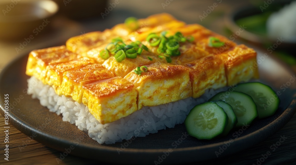 Square Tamagoyaki on Rice, with Cucumber Garnish, in a Restaurant Square Tamagoyaki on Rice, with Cucumber Garnish, in a Restaurant