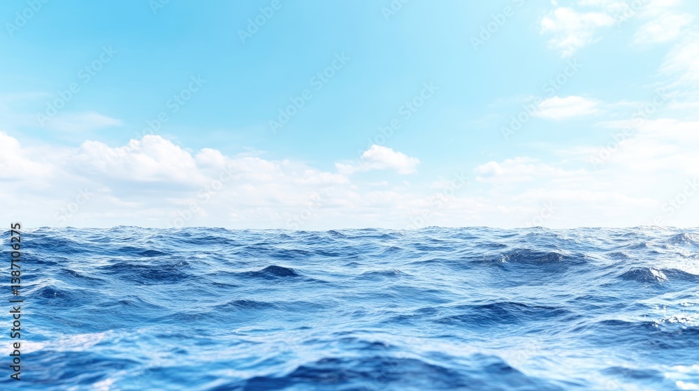 The image shows a vast expanse of blue ocean water, with gentle waves. The sky above is bright blue with scattered fluffy white clouds. The composition is simple, focusing on the oceans surface. Th The image shows a vast expanse of blue ocean water, with gentle waves. The sky above is bright blue with scattered fluffy white clouds. The composition is simple, focusing on the oceans surface. Th