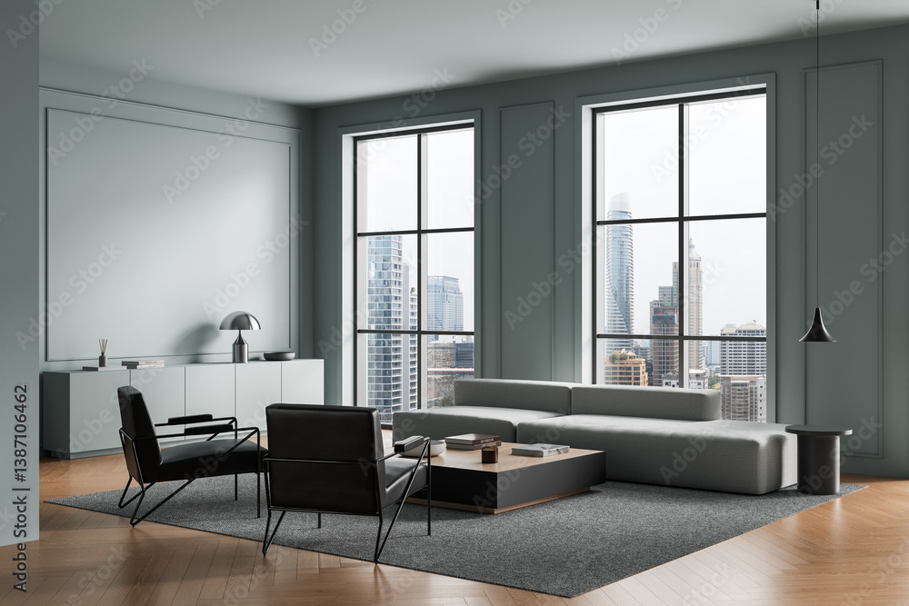 Fototapeta premium Modern minimalist living room with large windows and cityscape view, featuring neutral furniture and wooden flooring interior design. 3D Rendering