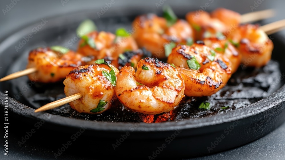 Delicious grilled shrimp skewers. Roasted, flavorful, and perfectly cooked shrimp on wooden skewers, with hints of char and fresh herbs. Close-up view on a dark pan Delicious grilled shrimp skewers. Roasted, flavorful, and perfectly cooked shrimp on wooden skewers, with hints of char and fresh herbs. Close-up view on a dark pan